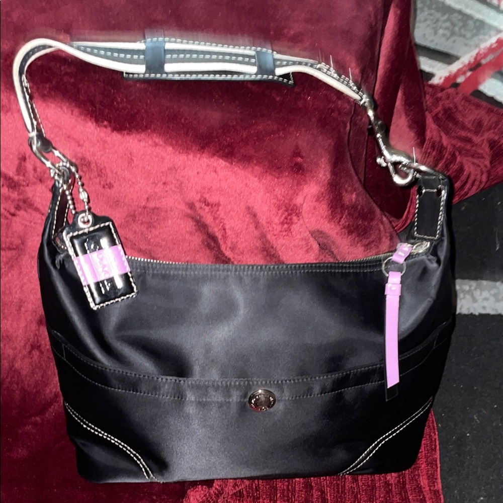 Coach Hampton Satin Hobo Black Should bag w/ Purple Accent 13”W x 8.5”H